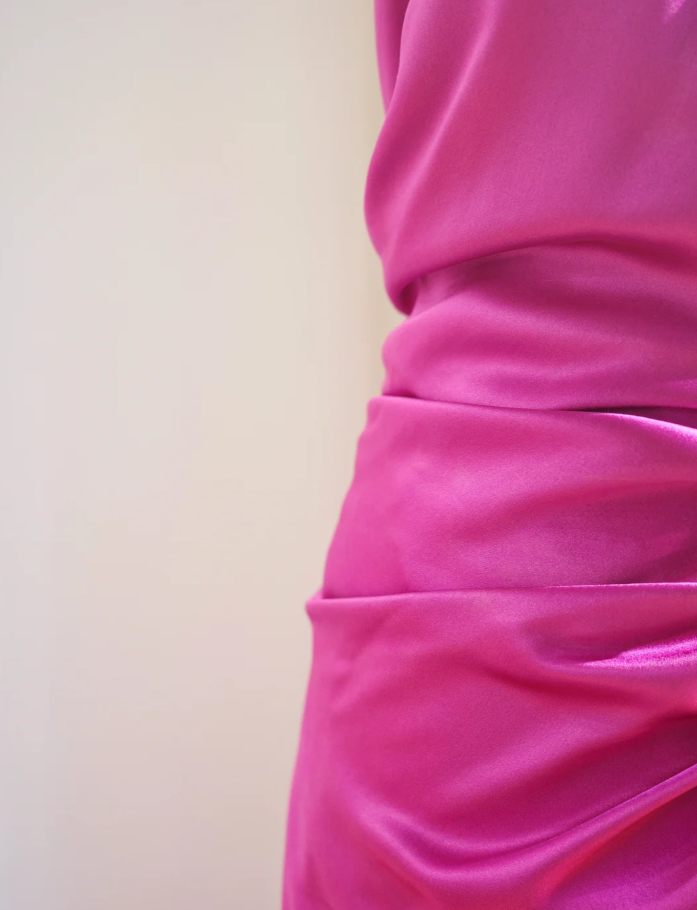 Elegant Halter Hot Pink Satin Pleated Mermaid Long Wedding Guest Dress Party Dress D2165