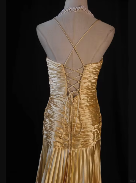 Gorgeous Gold Satin Pleated Party Prom Dress,Formal Evening Gown With Beaded cc2403