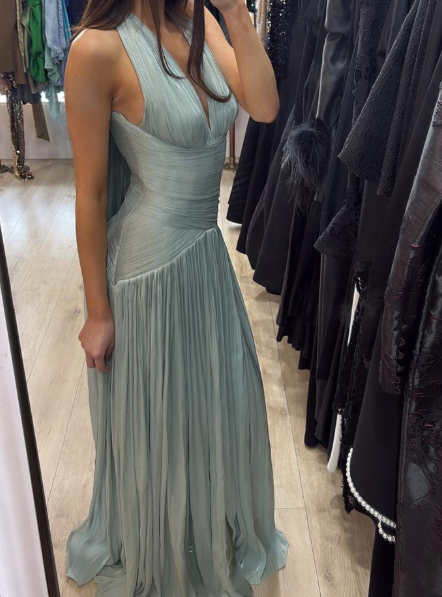 Elegant Blue Halter V Neck Chiffon Pleated Mermaid Evening Dress Long Wedding Guest Dress D1361