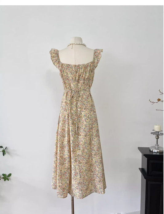 Light Yellow Floral Long Dress Vacation Dress S223