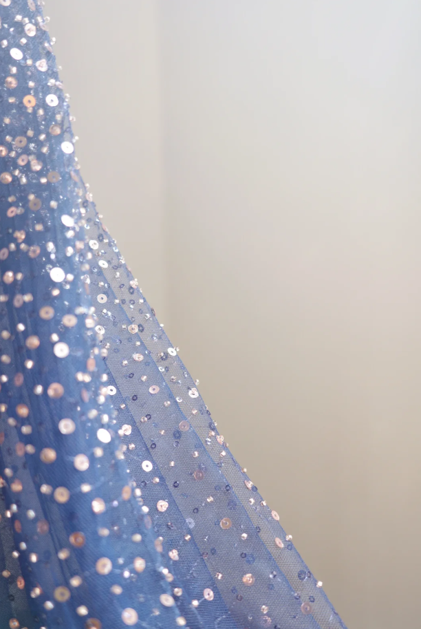 Glitter Navy Blue V Neck Tulle Sequin Beaded A Line Birthday Party Dress Long Evening Dress D2166