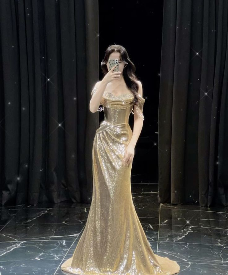 Beautiful Gold Sequin Beaded Evening Dress Off The Shoulder Long Mermaid Prom Dress S209