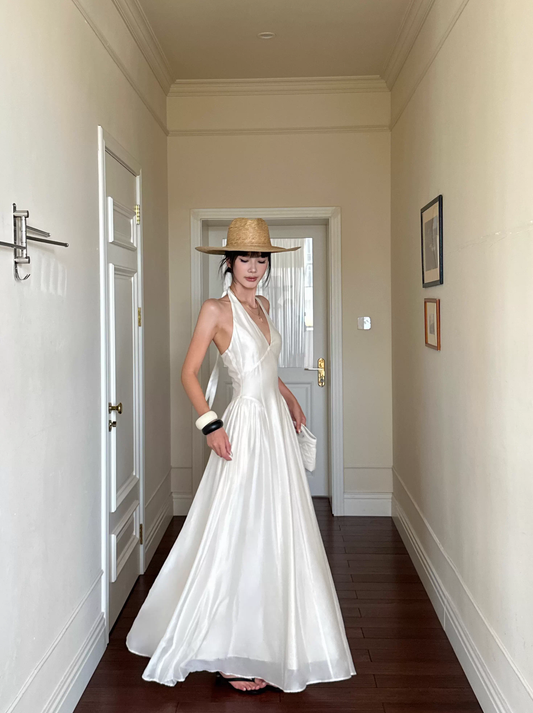 Sexy Halter V Neck White A Line Long Party Dress Formal Evening Gown