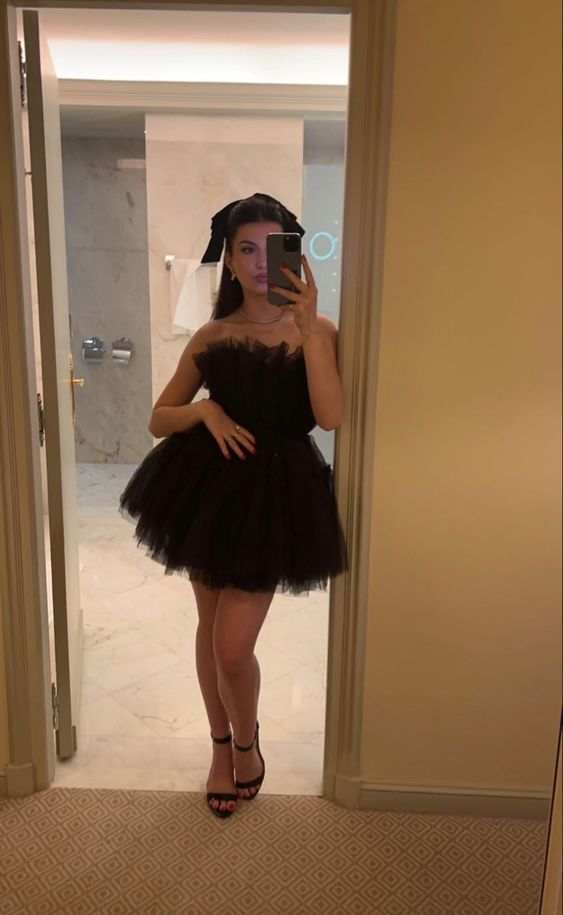Black Tulle Strapless A Line Homecoming Dress,Mini Party Gown cc2481