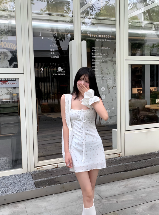 Cute A Line Spaghetti Straps Lace-up Flower Sheath Seaside Mini Skirt Homecoming Dress Party Dress D1800