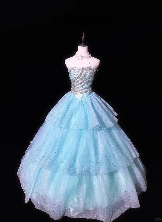 Shiny Strapless Swarovski Crystal Phinestone Tiered Tulle Pleated Ball Gown Evening Dress Prom Dress D1804