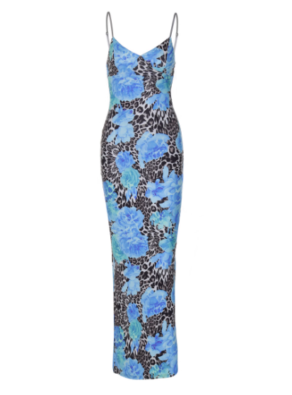 Fashion Spaghetti Straps Blue Rose Leopard Print Sheath Seaside Vacation Dress Summer Dress D1815