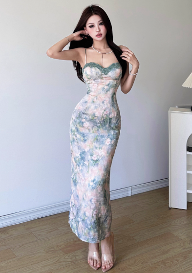 Elegant Spaghetti Strap Lace Neck Sheath Floral Print Vacation Vibes Long Dress Summer Dress Women Dress D1838