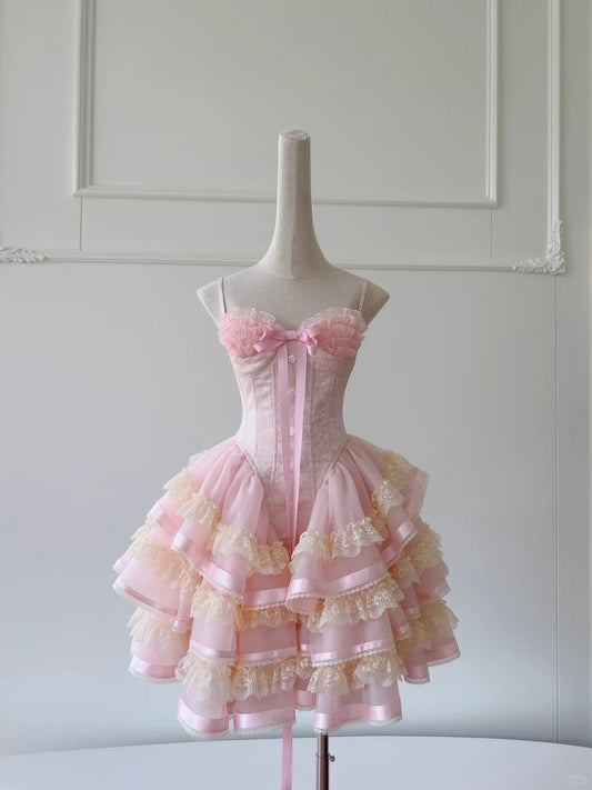 Cute Spaghetti Straps Ruffle Rose Buttons Tiered Lace Tulle Birthday Party Dress Short Outfits Dress Homecoming Dress D1867