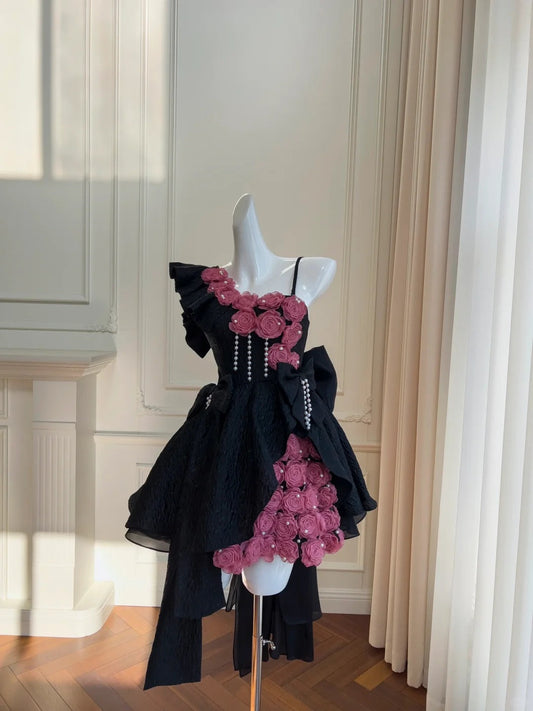 Gorgeous Asymmetrical Neckline Bowknot Pearl Rose Sweet 16 Dress Homecoming Dress Short Prom Dress D1878