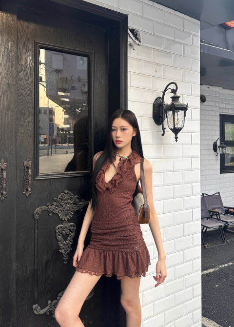 Vintage V-Neck Brown Ruffled Pleated Short Skirt Women Summer Dress Vacation Dating Dress D1884