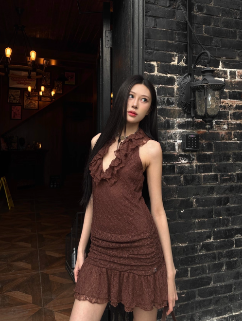 Vintage V-Neck Brown Ruffled Pleated Short Skirt Women Summer Dress Vacation Dating Dress D1884
