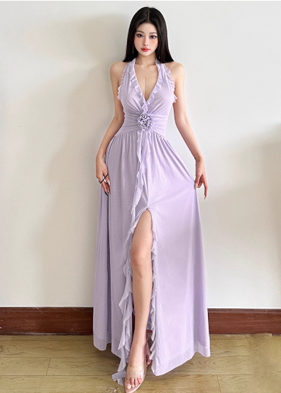 Elegant V-Neck Halter Backless Pleated Ruffle Slit Summer Maxi Dress Women Seaside Dress D1889