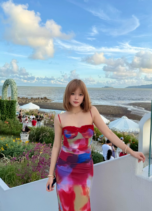 Pretty Spaghetti Straps Holiday Oil Painting Island Dress Long Skirt Women Summer Dress D1892