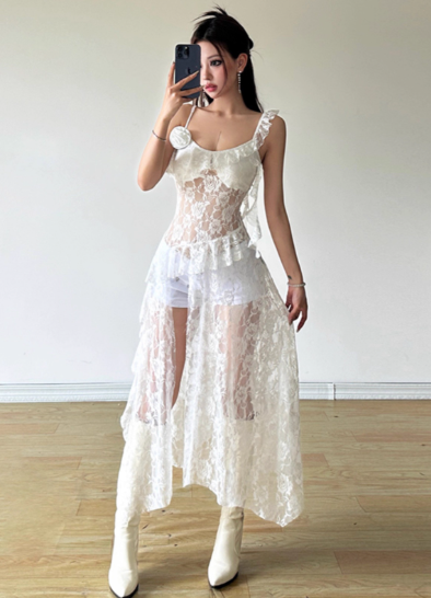 Sexy Irregular Suspenders Ruffle Pleated Hi-lo Dress Women Summer Dress D1899