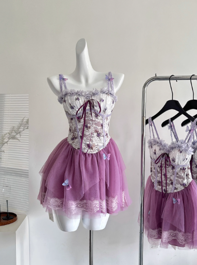 Cute Spaghetti Straps Lace Pleated Tulle Butterfly Summer Dress Women Dress D1900