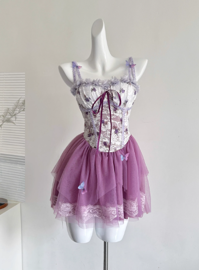 Cute Spaghetti Straps Lace Pleated Tulle Butterfly Summer Dress Women Dress D1900