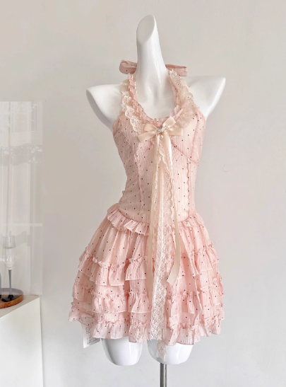 Cute Halter Polka Dot Pleated Tulle Tiered Summer Princess Dress Women Date Dress D1902