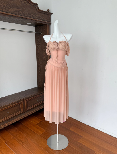 Elegant Stpaghetti Straps Pleated Tulle Long Summer Seaside Dress Women Date Dress D1904