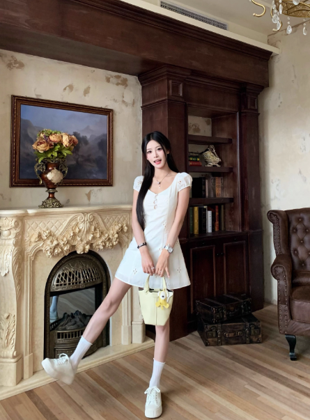 Cute A Line V-neck Floral Short Summer Skirt Women Date Dress D1911