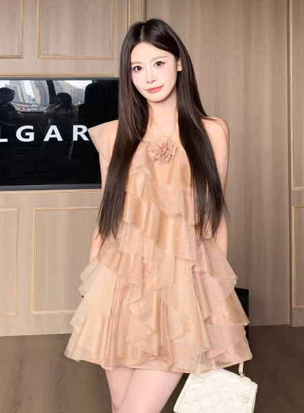 Pretty Asymmetrical Neck Pleated Ruffle Tulle Short Women Dress Seaside Vacation Dress D1912