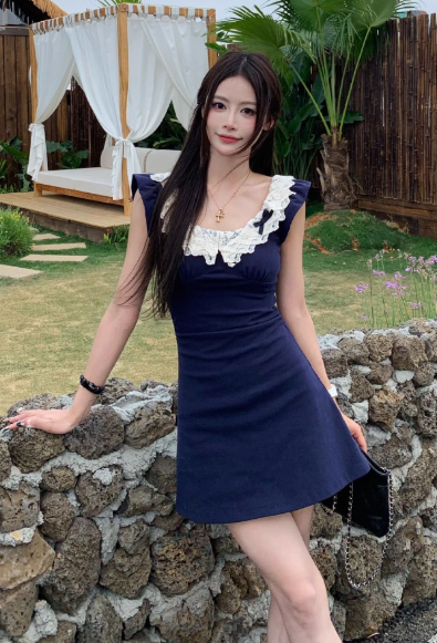 Sweet A Line Crew Neck Lace Short Skirt Summer Seaside Dress Women Dress D1914