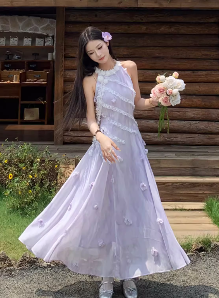Elegant Halter Lace Flower Long Women Dress Dating Dress Summer Seaside Dress D1919
