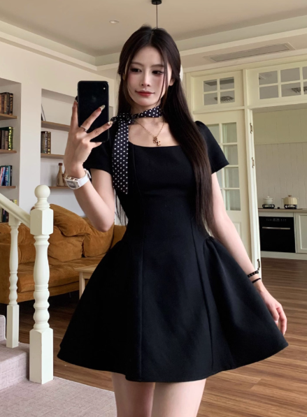 Elegant A Line Square Neck Black Short Women Dress Vacation Casual Date Dress D1920