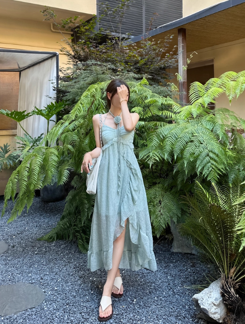 Beach Spaghetti Straps Pleated Ruffle Long Women Dress Vacation Seaside Dress D1923