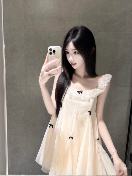 Cute Crew Neckline Lace Bowknot Short Casual Skirt Summer Women Date Dress D1936