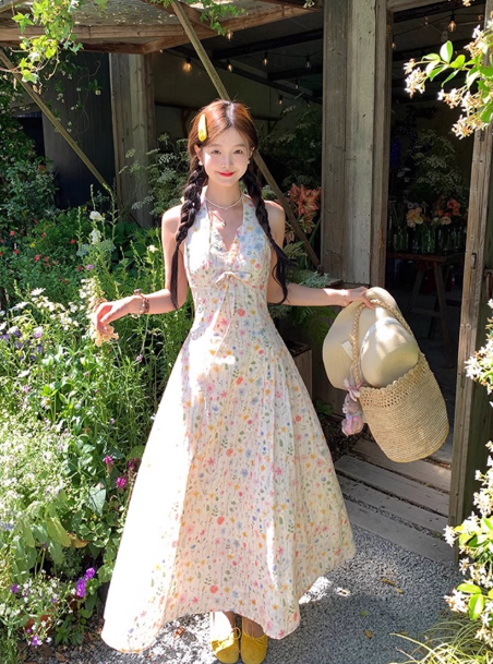 Cute A Line Halter Floral Maxi Dress Summer Vacation Seaside Dress Women Dress D1999