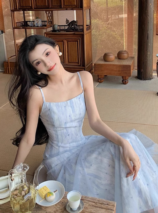 Vacation A Line Spaghetti Straps Printing Tulle Maxi Skirt Women Dress Summer Seaside Dress D2018