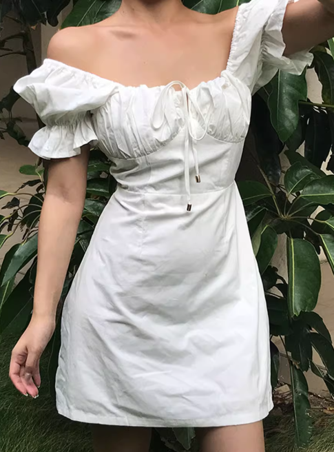 Minimalist Square Neck White Puffed Sleeves Short Skirt Casual Summer Women Dress D2023