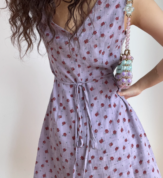 Vintage V-neck Printing Floral Lace up Short Skirt Summer Women Date Dress D2024