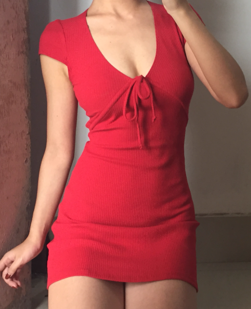 Retro V-neck Lace up Red Short Skirt Summer Women Dress Date Dress Party Dress D2030