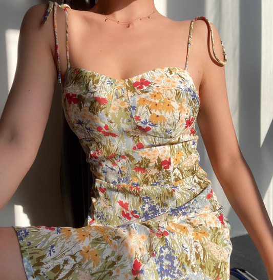 Vacation Spaghetti Straps Print Floral Short Skirt Summer Seaside Dress Women Date Dress D2049