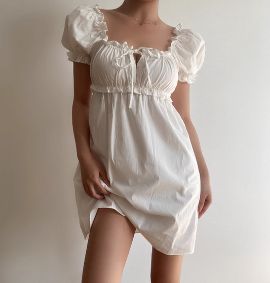 Casual Off the Shoulder Puffed Sleeves Pleated Short Skirt Women Summer Dress Vacation Dress D2053