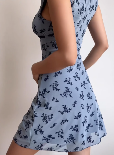 Cute V-neck Print Fitted Short Tulle Skirt Women Dress Summer Date Dress D2054