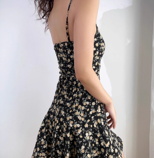 Vintage Spaghetti Straps Print Floral Short Skirt Wommen Summer Dress Vacation Seaside Dress D2064
