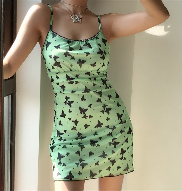 Cute Spaghetti Straps Print Butterfly Short Skirt Teenage Girl Summer Vacation Date Dress D2094