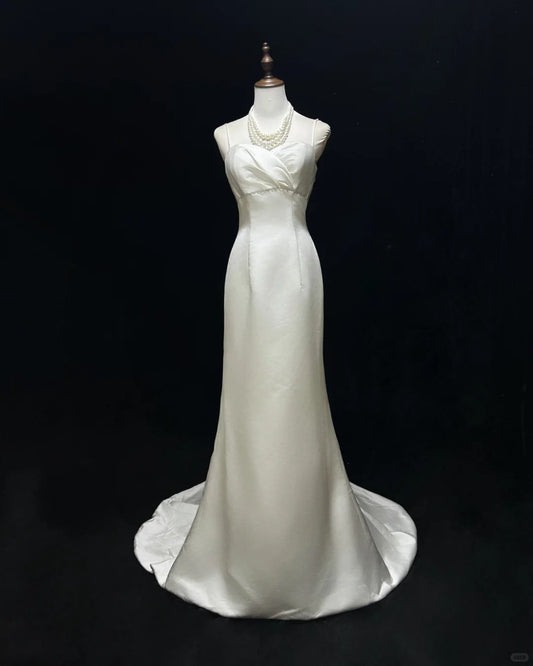 Elegant Spaghetti Straps Pleated Satin Floor Length Prom Dress Evening Dress Birthday Party Dress D2116
