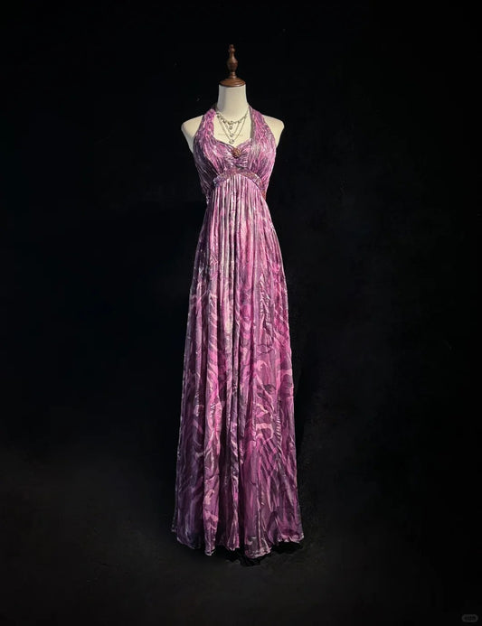 Elegant Halter Pleated Print Backless Prom Dress Evening Dress Party Dress D2120