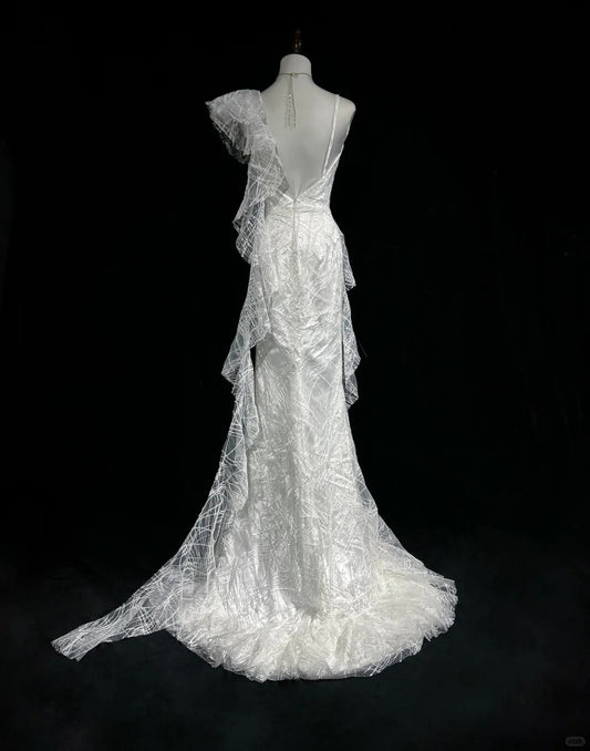 Elegant Asymmetrical Neckline Ruffle Pleated Floor Length Prom Dress Wedding Dress Evening Dress Party Dress D2123