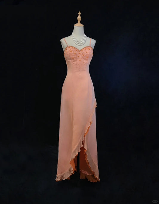 Beauty Spaghetti Straps Beading Asymmetical Ruffle Hem Prom Dress Evening Dress Party Dress D2127