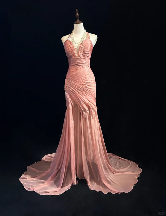 Elegant Halter Pleated Floor Length Prom Dress Evening Dress Party Dress D2129