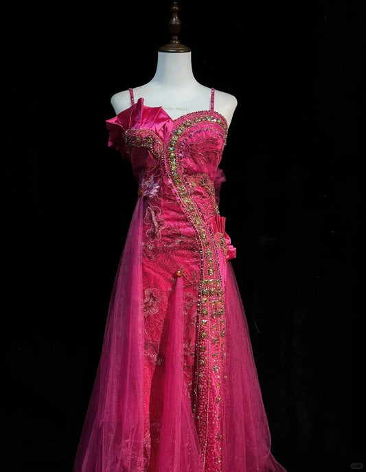 Gorgeous Spaghetti Straps Crystal Sequins Tulle Floor Length Gown Prom Dress Evening Dress D2159