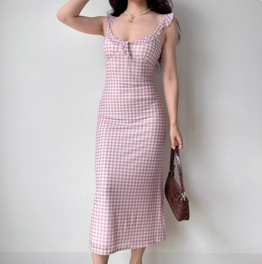 Sweet Ruffle Straps Pink Checkered Lace up Teenage Girl Women Summer Date Dress Seaside Dress D2189