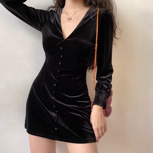 Versatile Black V-neck Long Sleeves Short Skirt Women Teeage Girl Date Dress D2205