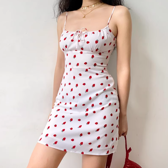 Cute Spaghetti Straps Lace up Print Strawberry Short Skirt Women Teenage Girl Summer Date Dress D2209