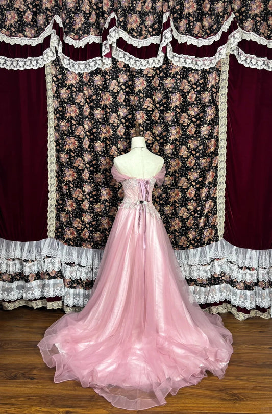 Sweet Off the Shoulder Appliques Tulle Floor Length Prom Dress Evening Dress Party Dress D2225
